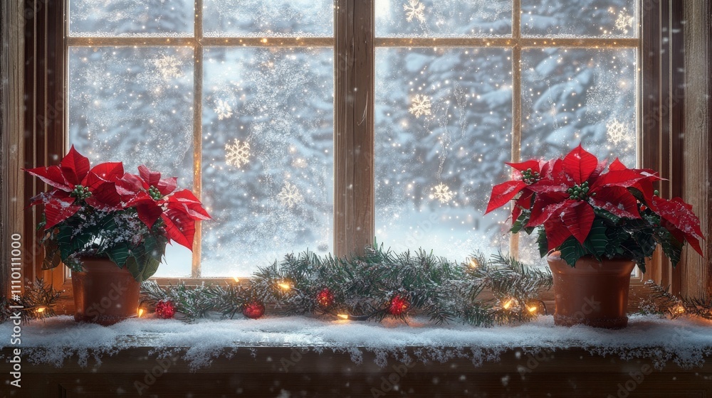 Φωτογραφία A snowy window with frosted panes and a decorated sill featuring poinsettias, evergreens, and holiday string lights