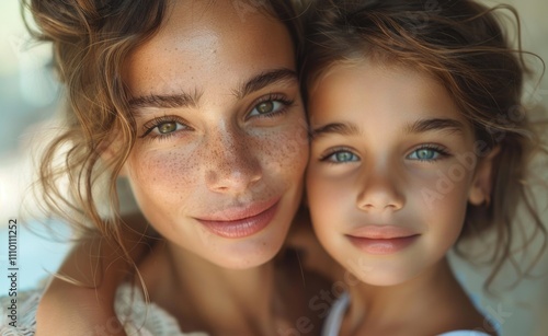 Close up portrait of two women with blue eyes