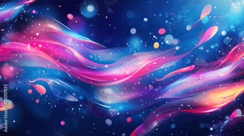 Abstract vibrant waves with glowing particles and bokeh lights on dark blue background.