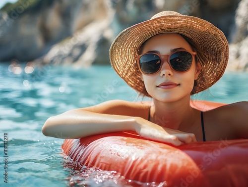 A young woman wearing sunglasses and a sun hat is relaxing on a red float in a clear pool, carefree, giving a feeling of relaxation Suitable for use in advertising resorts, tourism or lifestyle. photo