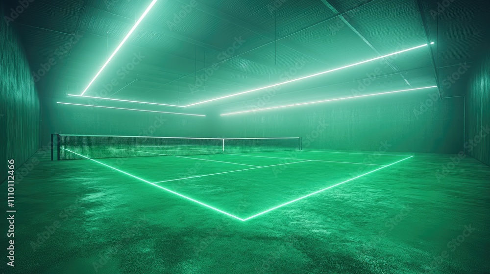 A futuristic tennis court illuminated with neon lights, emphasizing a modern sports environment.