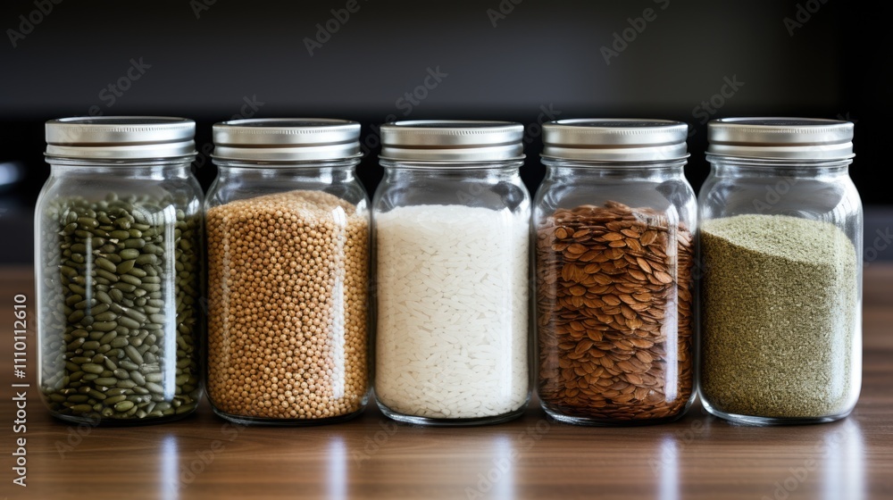 Four glass jars filled with different kinds of beans Four glass jars filled with different kinds of beans