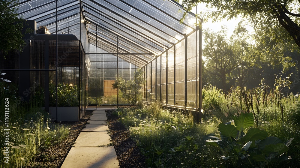 Exploring a greenhouse with transparent walls under soft morning light surrounded by lush greenery Exploring a greenhouse with transparent walls under soft morning light surrounded by lush greenery