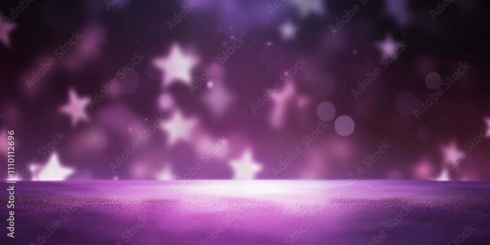 Obraz premium 紫背景に白い星型のボケライトと床がある抽象的な横長バナー