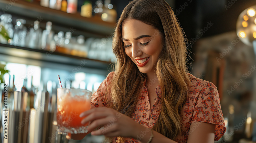 Bartender mixing cocktails with flair at a modern bar, dramatic lighting Bartender mixing cocktails with flair at a modern bar, dramatic lighting