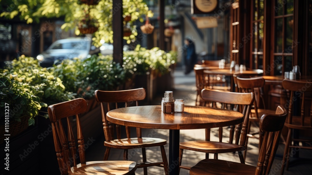 Obraz premium Brown wooden table and chairs around it. Fashionable stylish interior of a summer outdoor cafe.