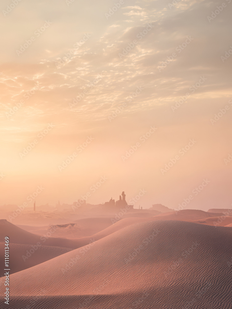 Obraz premium Serene desert landscape bathed in soft sunrise light over distant structures and dunes
