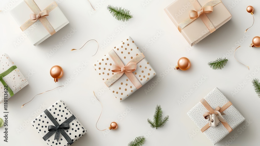 Flat vector illustration of multiple holiday gift boxes wrapped in patterned Christmas paper with beautiful ribbon bows, strings, and twine, placed neatly on a white background. Flat vector illustration of multiple holiday gift boxes wrapped in patterned Christmas paper with beautiful ribbon bows, strings, and twine, placed neatly on a white background.