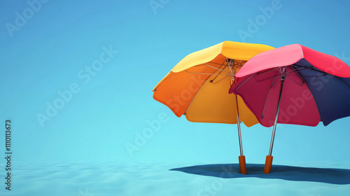 Beach umbrella mockups set isolated on white background. Vector realistic illustration of open sunshade parasol with blank surface for branding, garden or poolside protective accessory, vacation relax photo