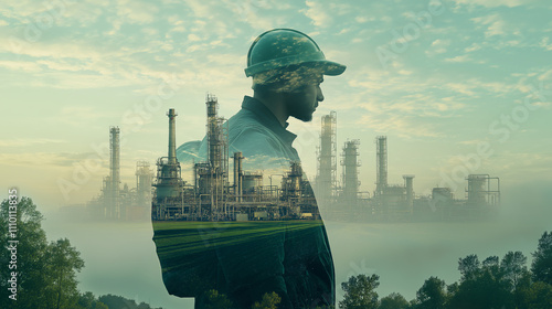 Technician silhouette overlaid biofuel refinery industrial chimneys golden sunrise agricultural fields eco-friendly renewable energy future innovation environmental awareness technology helmet crops photo