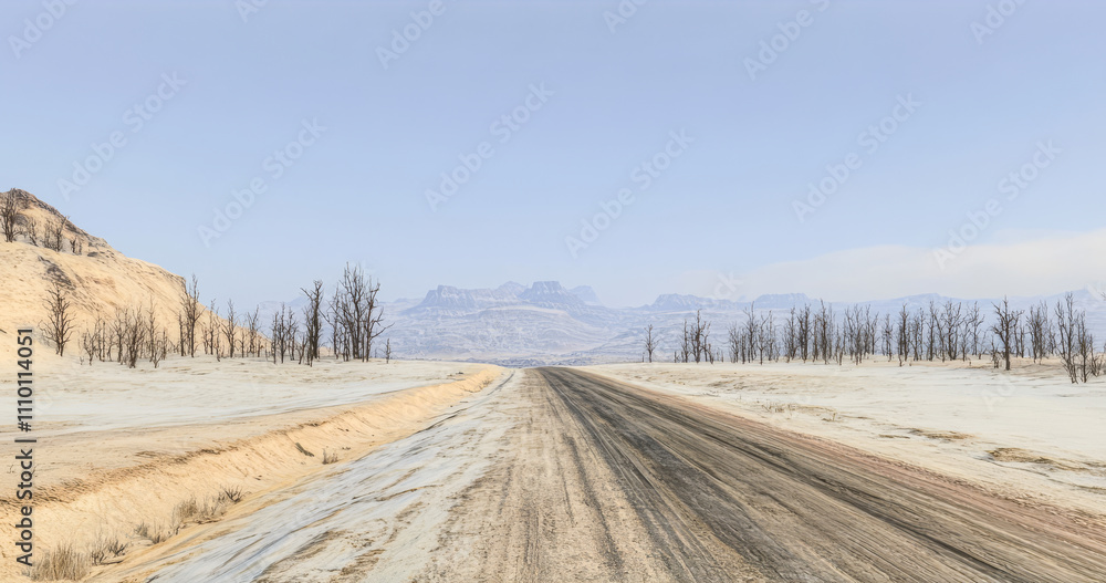 Road stretches through desolate landscape with sparse vegetation and distant mountains Road stretches through desolate landscape with sparse vegetation and distant mountains