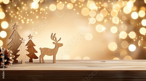 Handcrafted wooden Christmas ornaments, including stars, trees, and reindeer, arranged on a rustic wooden surface with a blurred background of holiday lights. photo