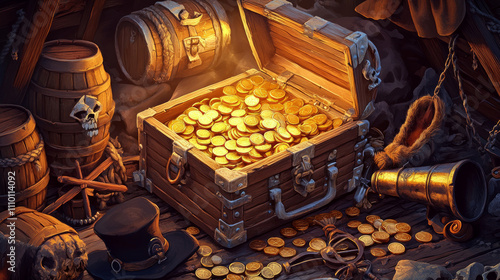 Pirate and marine adventure game icons set. Cartoon vector old wooden chest with golden treasure, gold coins pile, barrel and bottle of rum, wood box and steering wheel, black hat and cannon with bomb photo