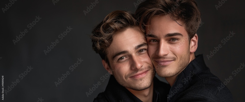 Two young men smiling and hugging in a studio Two young men smiling and hugging in a studio