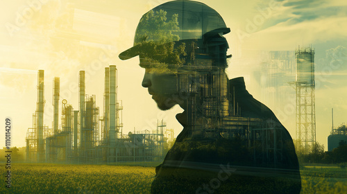 Technician silhouette overlaid biofuel refinery industrial chimneys golden sunrise agricultural fields eco-friendly renewable energy future innovation environmental awareness technology helmet crops photo