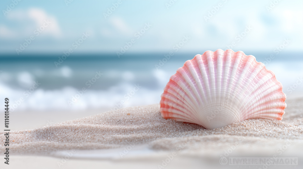 Close-up of a seashell lying on wet sand, in pastel colors Close-up of a seashell lying on wet sand, in pastel colors