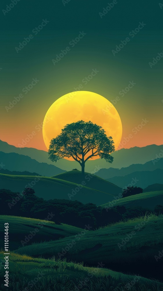 Obraz premium Serene landscape with a lone tree under a large yellow moon. AI.