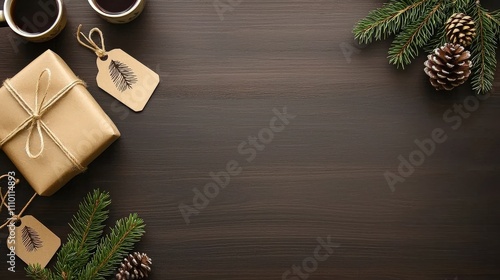 Natural and festive Christmas gift wrapping with brown paper, twine, pinecone decor, and Christmas tree tags, arranged on a rustic wooden table. photo