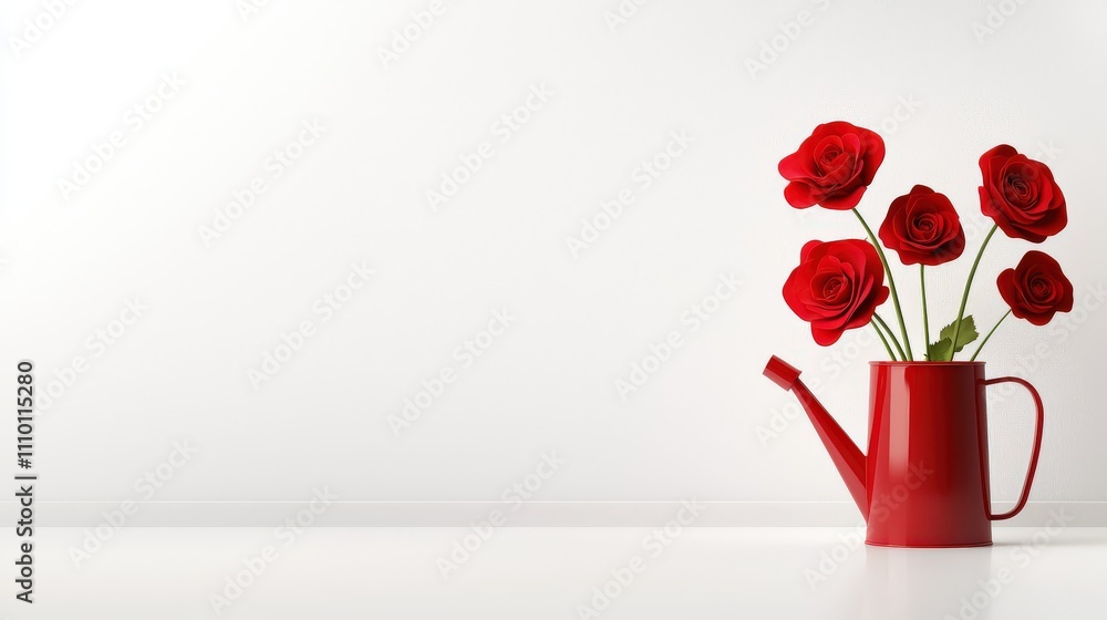 Red roses arranged in a yellow watering can, placed against a pristine white background, bringing a pop of color and elegance to any composition. Red roses arranged in a yellow watering can, placed against a pristine white background, bringing a pop of color and elegance to any composition.