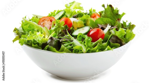 Fresh Mixed Green Salad with Cherry Tomatoes and Cucumber in White Bowl