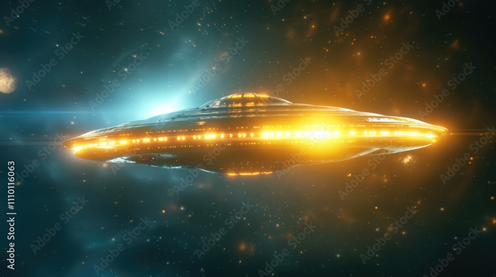 Futuristic ufo hovering above clouds Futuristic ufo hovering above clouds