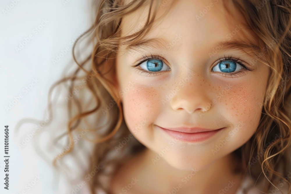 Adorable Young Girl with Blue Eyes and Curly Hair Smiling in CloseUp Portrait Adorable Young Girl with Blue Eyes and Curly Hair Smiling in CloseUp Portrait