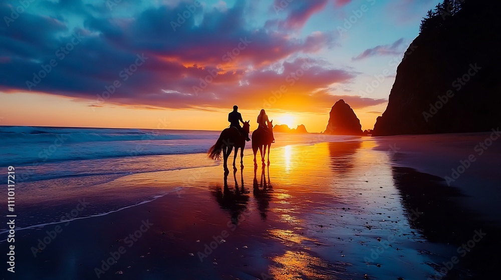 Couple Riding Horses Together on Serene Sunset Beach Adventure Couple Riding Horses Together on Serene Sunset Beach Adventure