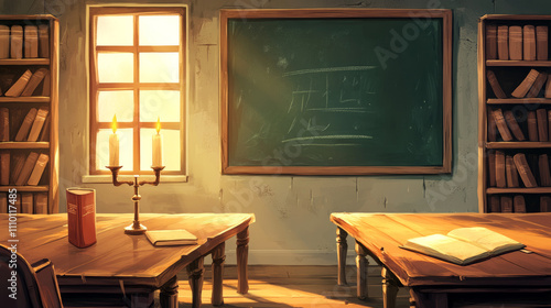 Magic school classroom with old books. Vector cartoon illustration of medieval university room with ancient wooden tables and chairs, blackboard, literature on shelves, candles, daylight in window photo