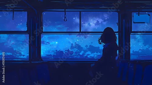 Starry night train scene, anime girl gazing out window, serene lofi style photo