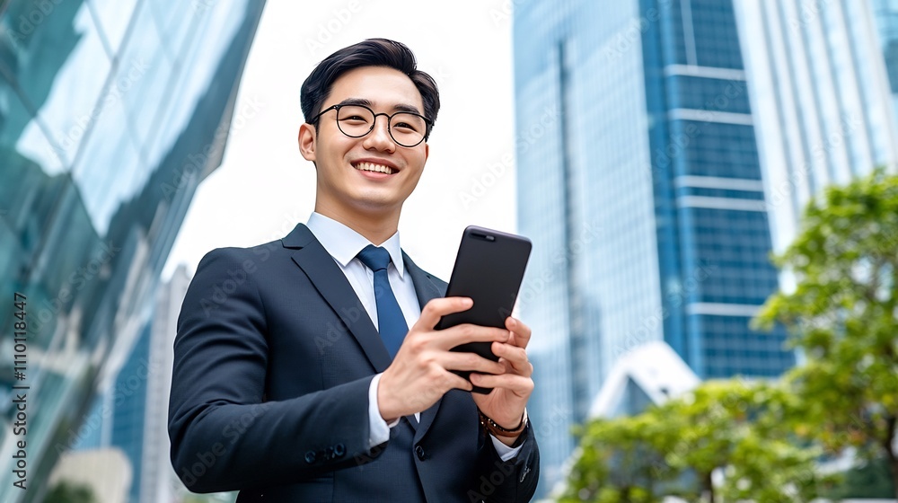 Young Business Professional Holding Smartphone in Modern High-Rise Office Young Business Professional Holding Smartphone in Modern High-Rise Office