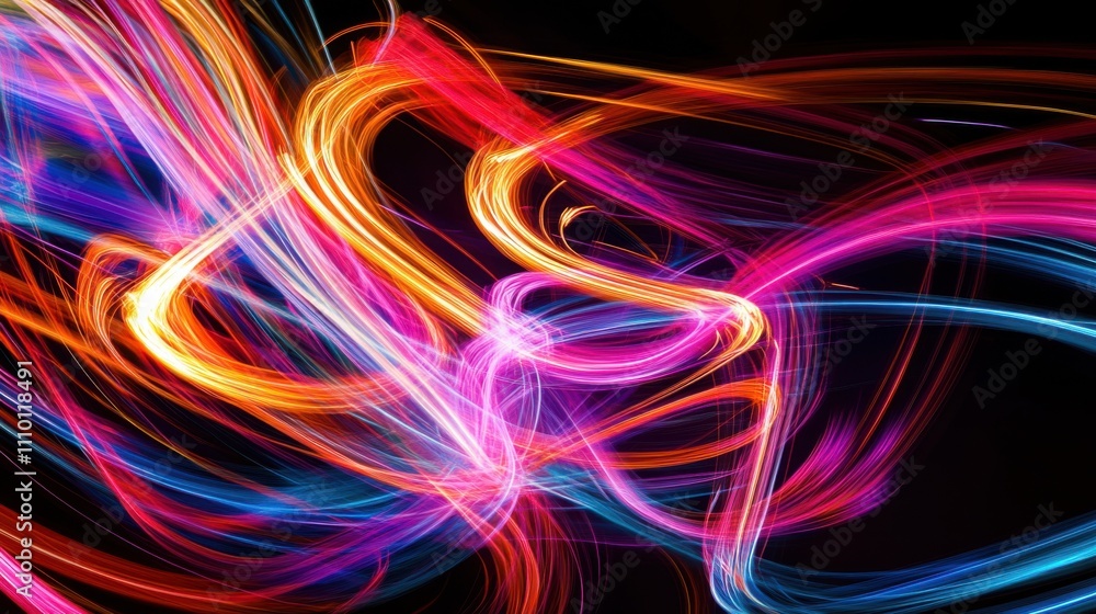 A dynamic image of abstract, multi-colored light trails converging to form a unified, radiant design on a dark background A dynamic image of abstract, multi-colored light trails converging to form a unified, radiant design on a dark background