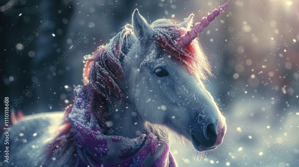 White unicorn with pink mane in snow White unicorn with pink mane in snow