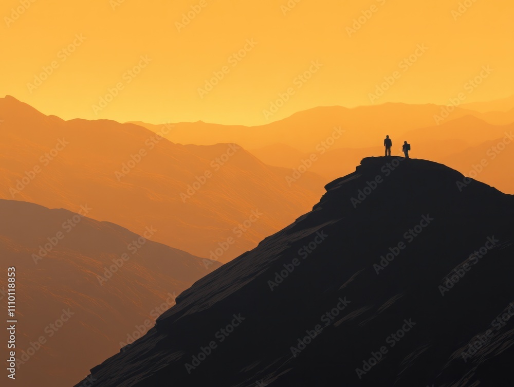 Silhouetted Hiking Enthusiasts on Mountain Peak Against Beautiful Golden Sunset Over Ridges and Valleys, Evoking Adventure and Nature's Splendor in the Outdoors Silhouetted Hiking Enthusiasts on Mountain Peak Against Beautiful Golden Sunset Over Ridges and Valleys, Evoking Adventure and Nature's Splendor in the Outdoors