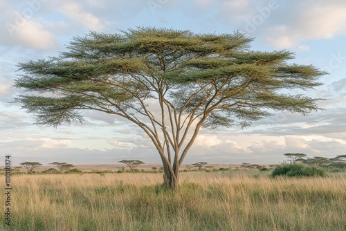 Majestic African Acacia Tree Standing Alone in a Serene Savannah Landscape Under a Soft Cloudy Sky at Dusk, Capturing the Natural Beauty of the Wilderness