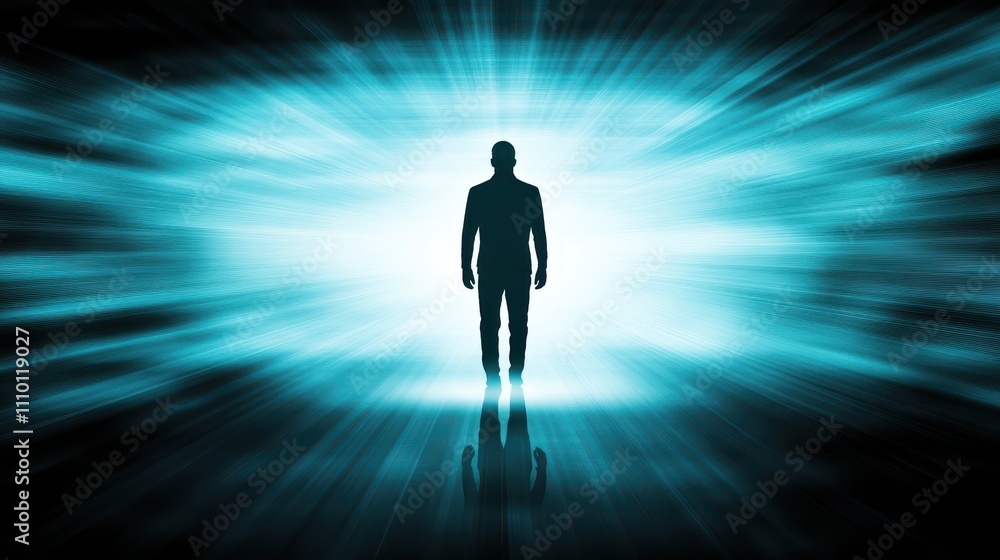 Silhouette in blue light, mysterious figure emerges from the shadows, bathed in ethereal glow Silhouette in blue light, mysterious figure emerges from the shadows, bathed in ethereal glow
