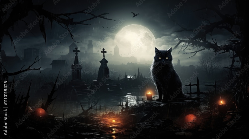 Fototapeta premium Black cat under full moon in graveyard