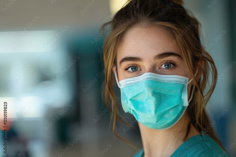 Woman wearing surgical mask in hospital hallway Woman wearing surgical mask in hospital hallway