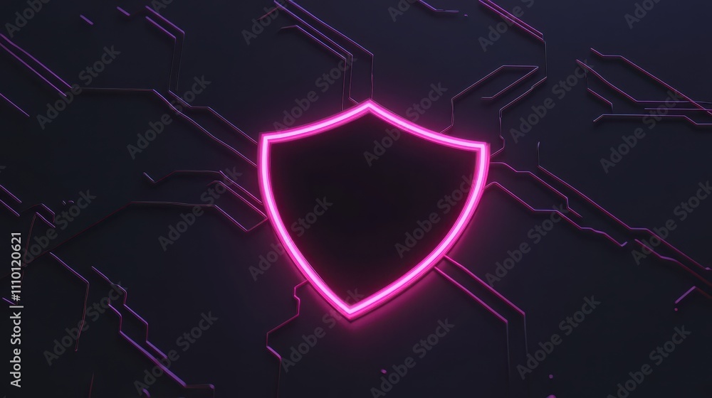 Fototapeta premium Glowing neon shield on dark background, symbol of protection and security in digital age