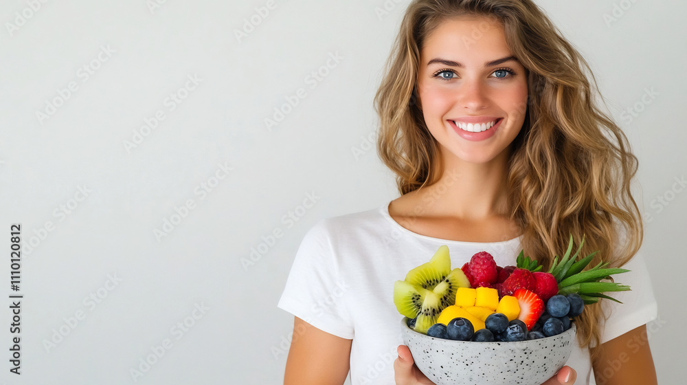 Smiling Woman Holding Smoothie Bowl with Fresh Fruits on Clean White Background Smiling Woman Holding Smoothie Bowl with Fresh Fruits on Clean White Background