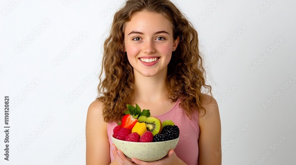 Smiling Woman Holding Nutrient-Rich Smoothie Bowl with Fresh Fruits on Clean White Background Smiling Woman Holding Nutrient-Rich Smoothie Bowl with Fresh Fruits on Clean White Background