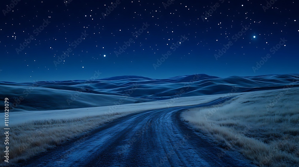 A road cutting through rolling hills illuminated by moonlight and distant stars A road cutting through rolling hills illuminated by moonlight and distant stars