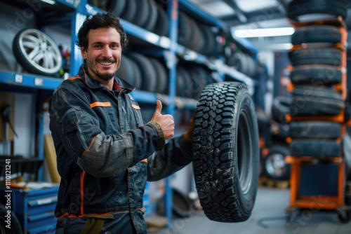 Smiling Mechanic Thumbs Up in Tire Shop with Rack of Tires photo