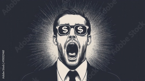 Businessman Yelling with Dollar Sign Glasses in Dark Background