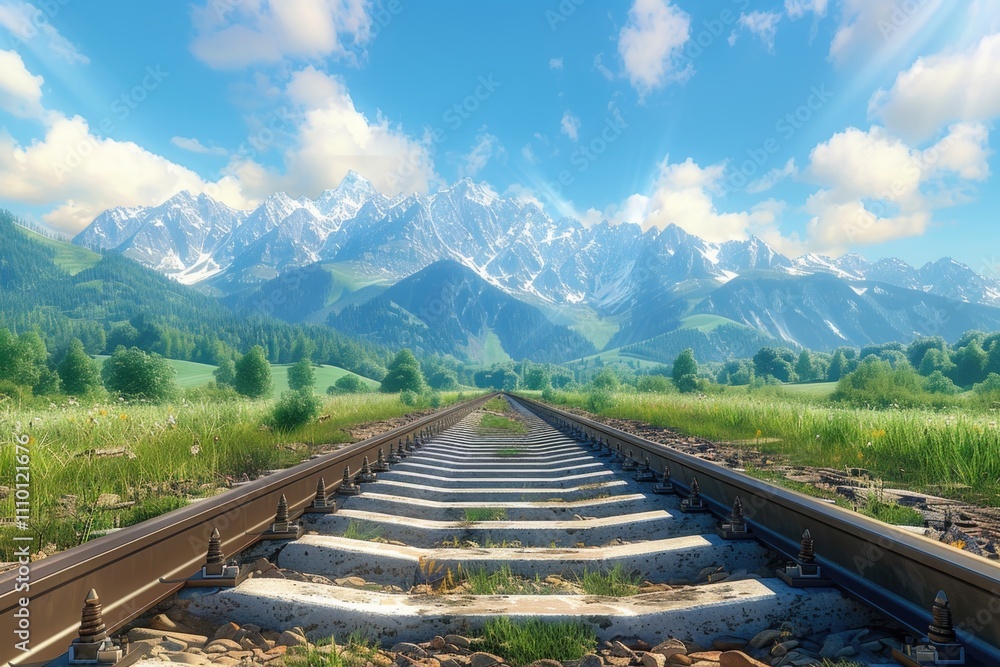 Fototapeta premium Sunlit train track and mountain landscape