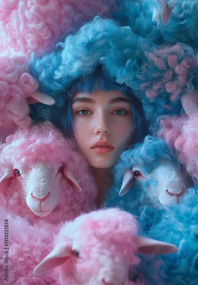 Surreal portrait of woman counting imaginary pink and blue sheep, insomnia concept Surreal portrait of woman counting imaginary pink and blue sheep, insomnia concept