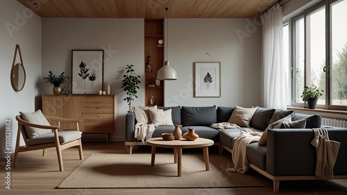 Cozy living room interior, Scandinavian style. Wooden furniture and elegant.