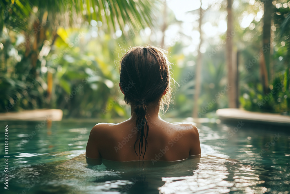 woman is in a pool, looking at the camera. The water is calm and clear, and the surrounding trees provide a peaceful atmosphere woman is in a pool, looking at the camera. The water is calm and clear, and the surrounding trees provide a peaceful atmosphere