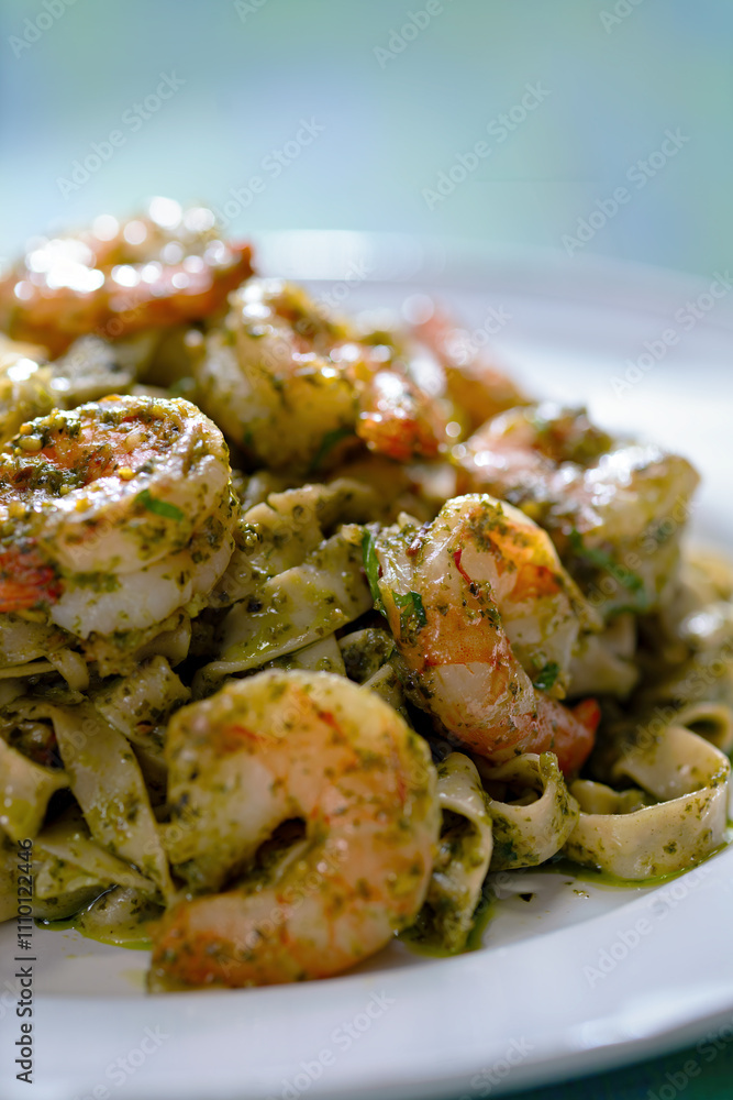seafood pasta in pesto sauce