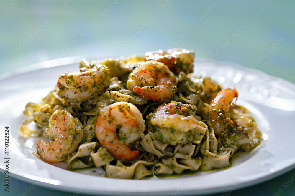 seafood pasta in pesto sauce