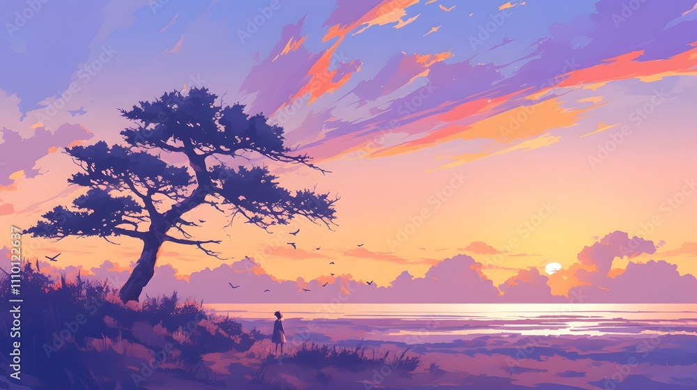Fototapeta premium Sunset scene with lone tree on the horizon, peaceful lofi anime style